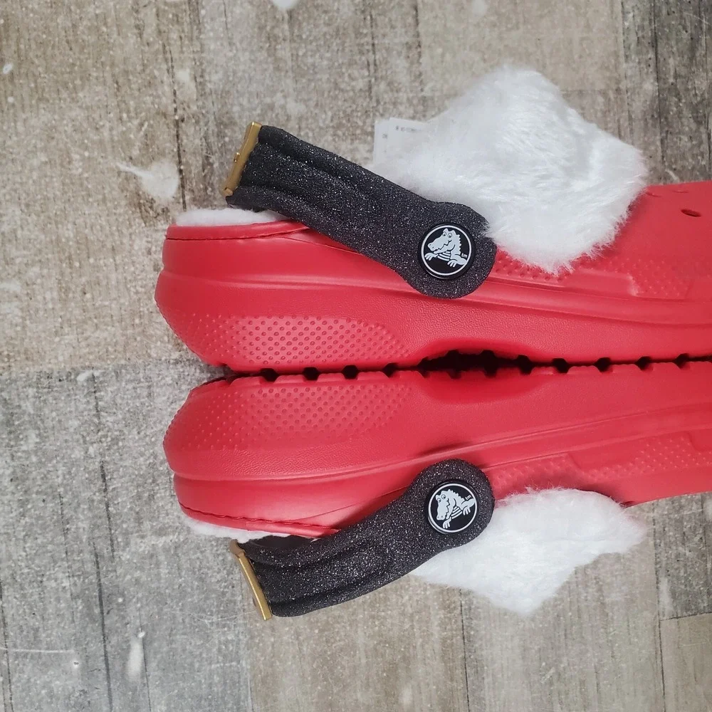 Crocs Classic Lined Santa Kids Clogs Sz 1 J1 Red Rubber Slip-On Slingback Shoes‎
